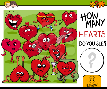 Cartoon Illustration of Educational Counting Activity for Children with Hearts Valentines Day Characters