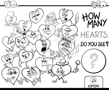 Black and White Cartoon Illustration of Educational Counting Activity for Children with Hearts in Love Valentines Day Characters Coloring Page