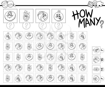 Black and White Cartoon Illustration of Educational Counting Activity for Children with Fruit Characters Coloring Page
