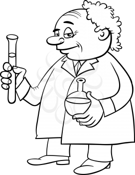 Black and White Cartoon Illustration of Scientist Character with Liquids in Vials Coloring Page