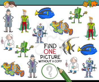 Cartoon Illustration of Educational Activity of Finding Single Picture Without a Pair for Children