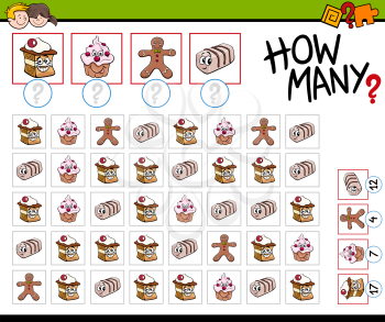 Cartoon Illustration of Educational How Many Counting Activity for Children with Sweet Food Characters