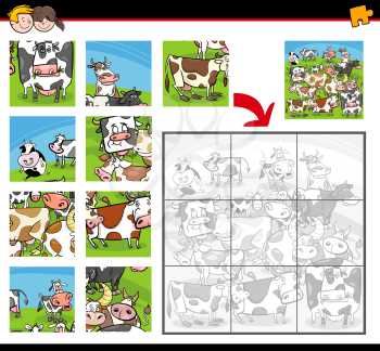 Cartoon Illustration of Education Jigsaw Puzzle Activity for Children with Cows Farm Animal Characters