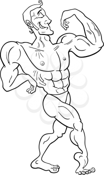Black and White Cartoon Illustrations of Bodybuilder Making a Muscle