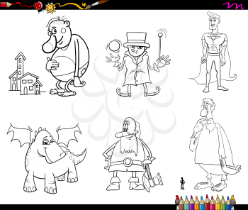Black and White Cartoon Illustrations of Fantasy or Fairy Tale Characters Set Coloring Page