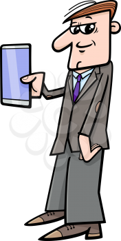 Cartoon Illustration of Man with Tablet or Smart Phone Phablet