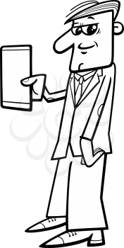 Black and White Cartoon Illustration of Man with Tablet or Smart Phone Phablet