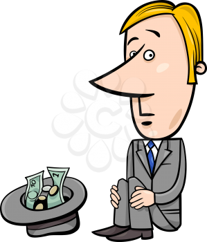 Concept Cartoon Illustration of Businessman Beggar with Donations in Hat