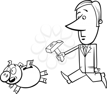 Black and White Concept Cartoon Illustration of Businessman with a Hammer Chasing Piggy Bank