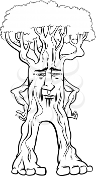 Black and White Cartoon Illustration of Walking Tree Creature Fantasy Character Coloring Page