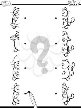 Black and White Cartoon Illustration of Educational Game of Matching Halves with Cat Characters Coloring Page
