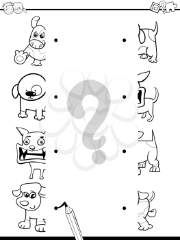 Black and White Cartoon Illustration of Educational Game of Matching Halves with Puppy Animal Characters Coloring Page