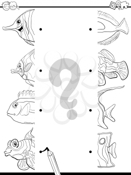 Black and White Cartoon Illustration of Educational Game of Matching Halves with Fish Animal Characters Coloring Page