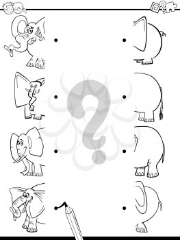 Black and White Cartoon Illustration of Educational Game of Matching Halves with Elephants Animal Characters Coloring Page