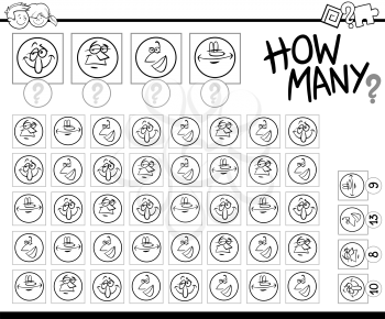 Black and White Cartoon Illustration of Educational How Many Counting Activity for Children with Funny Characters Coloring Page