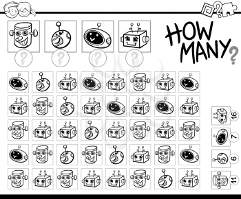 Black and White Cartoon Illustration of Educational How Many Counting Activity for Children with Robot Characters Coloring Page