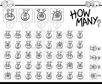 Black and White Cartoon Illustration of Educational How Many Counting Activity for Children with Alien Characters Coloring Page