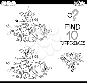 Black and White Cartoon Illustration of Finding Differences Educational Activity for Children with Dogs Animal Characters Coloring Page