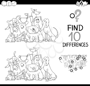Black and White Cartoon Illustration of Finding Differences Educational Activity for Children with Dog Characters Coloring Page