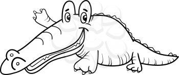 Black and White Cartoon Illustration of Crocodile or Alligator Reptile Animal Character Coloring Page