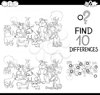Black and White Cartoon Illustration of Finding Details Educational Activity for Children with Dog Characters Coloring Book