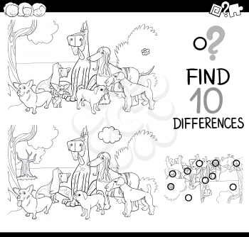 Black and White Cartoon Illustration of Finding Differences Educational Activity for Children with Purebred Dog Characters Coloring Book