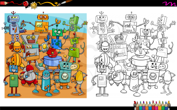 Cartoon Illustration of Robot Characters Group Coloring Book Activity