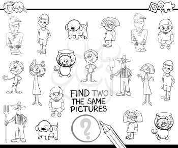 Black and White Cartoon Illustration of Find Identical Pair of Images Educational Activity for Children Coloring Page
