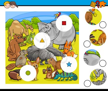 Cartoon Illustration of Educational Match the Elements Game for Children with Wild Animal Characters