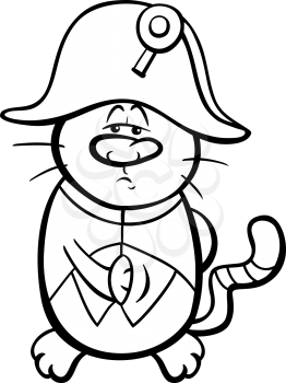 Black and White Cartoon Illustration of Emperor Cat in Napoleon Costume Coloring Page