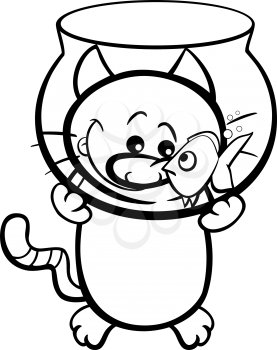 Black and White Cartoon Illustration of Hungry Cat and Canary Coloring Page