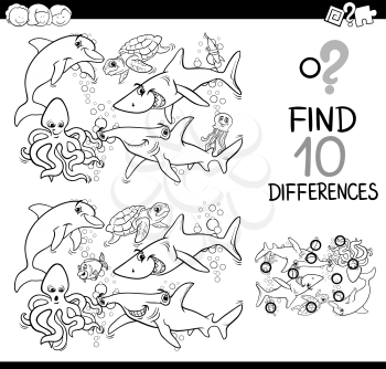 Black and White Cartoon Illustration of Finding Differences Educational Activity for Children with Sea Life Animal Characters Coloring Page