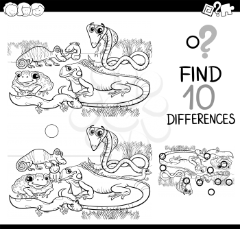 Black and White Cartoon Illustration of Finding Differences Educational Activity for Children with Animal Characters Coloring Page