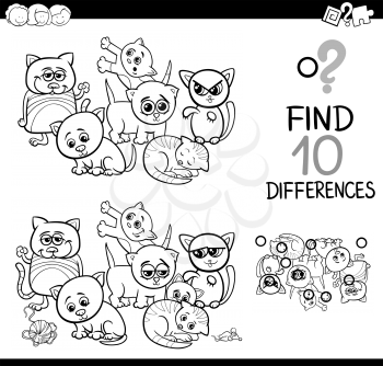 Black and White Cartoon Illustration of Finding Differences Educational Activity for Children with Kittens Animal Characters Coloring Page