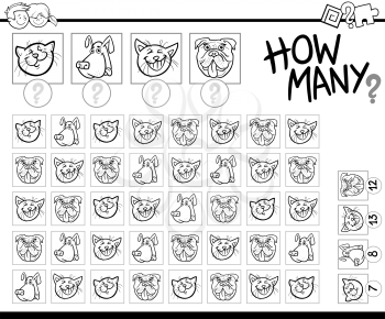 Black and White Cartoon Illustration of Educational How Many Counting Activity for Children with Pets Animal Characters Coloring Page