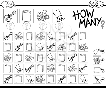 Black and White Cartoon Illustration of Educational How Many Counting Activity for Children with Objects Coloring Page