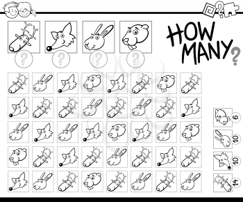 Black and White Cartoon Illustration of Educational How Many Counting Activity for Children with Animal Characters Coloring Page