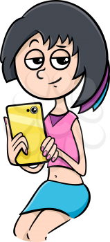 Cartoon Illustration of Girl or Young Woman with Smart Phone or Tablet