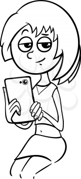 Black and White Cartoon Illustration of Girl or Young Woman with Smart Phone or Tablet Coloring Page