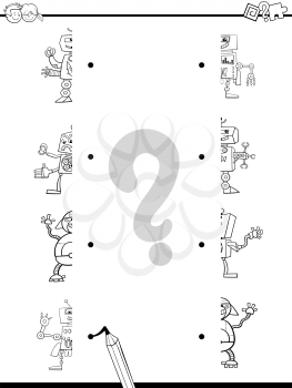 Black and White Cartoon Illustration of Educational Game of Matching Halves with Robot Characters Coloring Page
