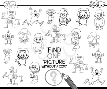 Black and White Cartoon Illustration of Educational Game of Finding Single Picture Without a Pair for Children Coloring Page