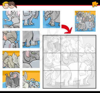 Cartoon Illustration of Education Jigsaw Puzzle Activity for Children with Elephants Animal Characters