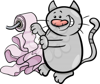 Cartoon Illustration of Cat Playing with Toilet Paper