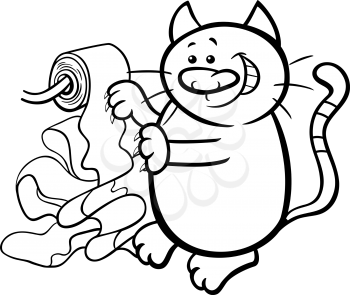 Black and White Cartoon Illustration of Cat Playing with Toilet Paper Coloring Page