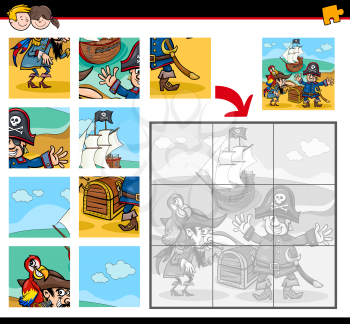 Cartoon Illustration of Education Jigsaw Puzzle Activity for Children with Pirates Fantasy Characters