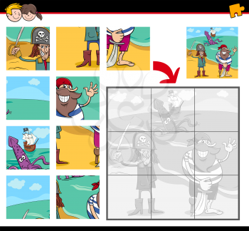 Cartoon Illustration of Education Jigsaw Puzzle Game for Children with Pirates Fantasy Characters