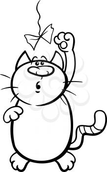 Black and White Cartoon Illustration of Cat Playing with Paper Toy Coloring Page