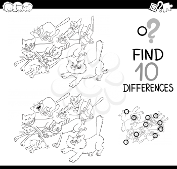 Black and White Cartoon Illustration of Finding Differences Educational Activity for Children with Running Cat Characters Coloring Book