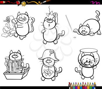 Black and White Cartoon Illustration Cats Animal Characters Humorous Set Coloring Page