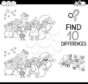 Black and White Cartoon Illustration of Finding Differences Educational Activity for Children with Santa Claus Characters Coloring Page
